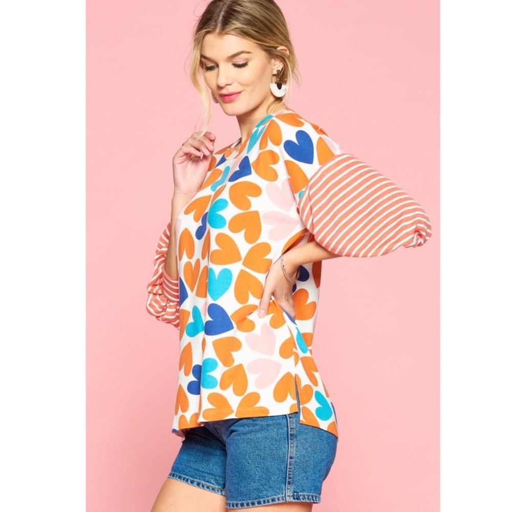 ODDY Heart Print Puff Sleeve Tunic in Orange, Blue, Pink, White